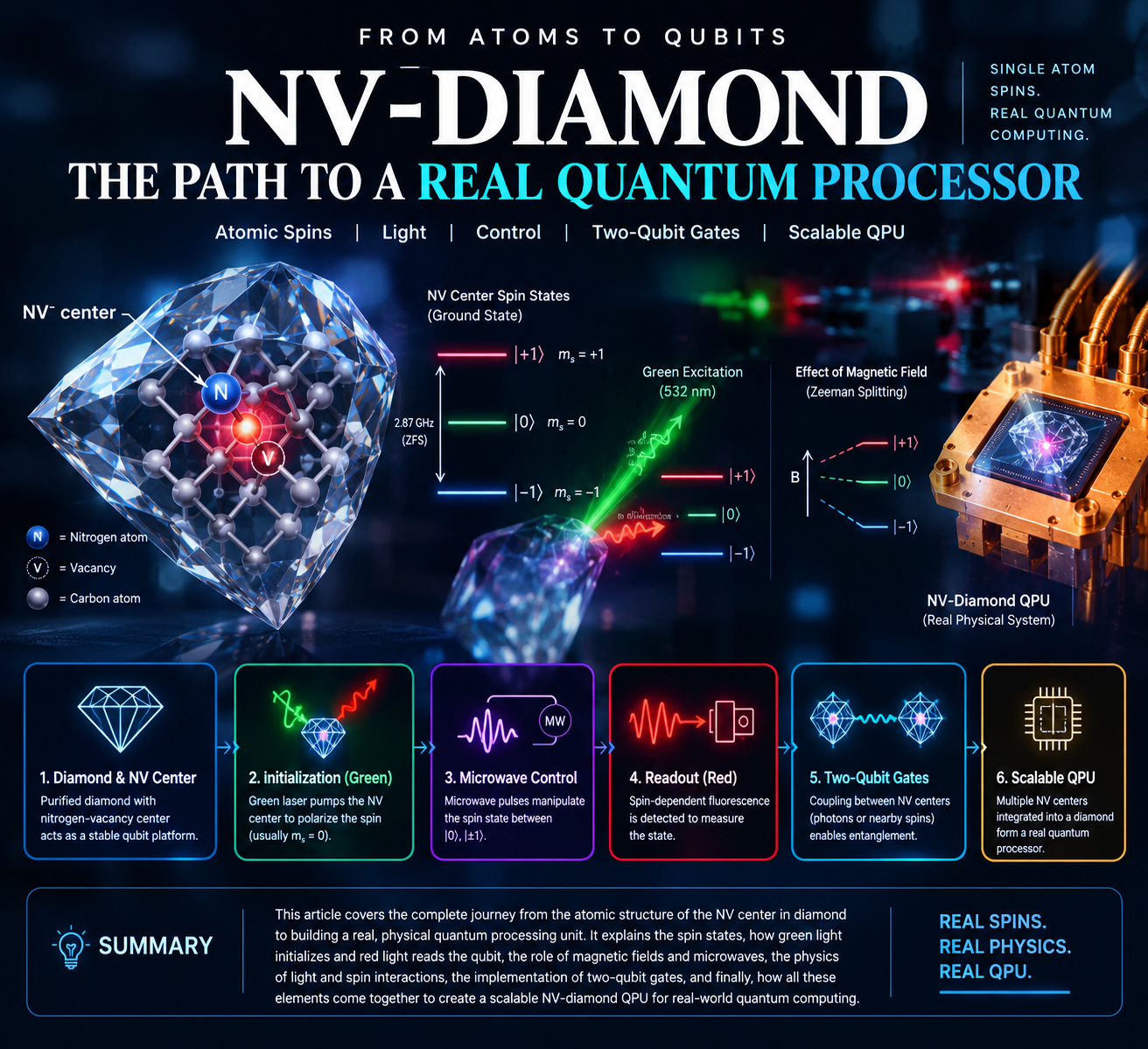 A journey from the atomic structure of an NV center to initialization, microwave control, optical readout, ODMR, and eventually a physical quantum processor